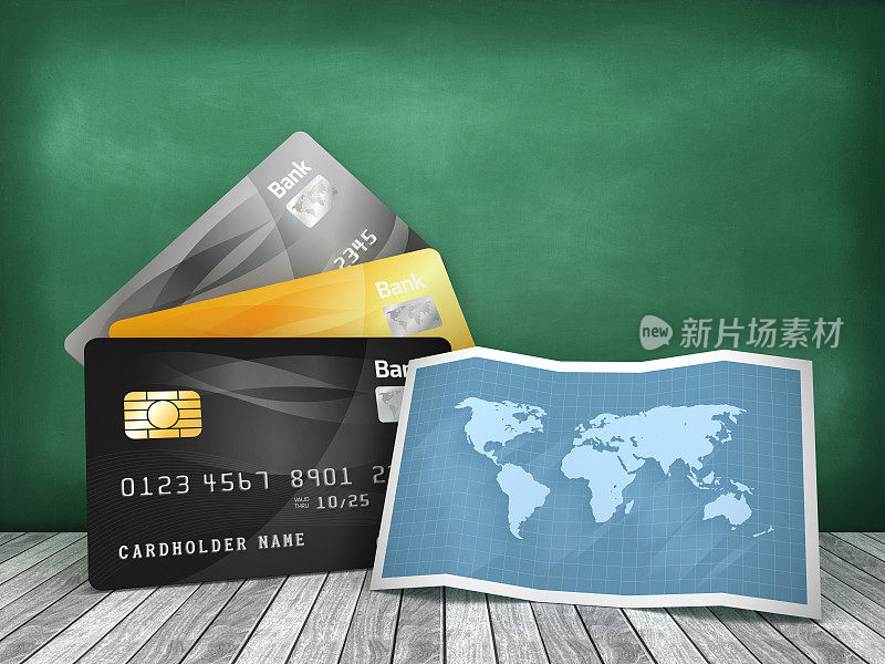 信用卡与地图在黑板上- 3D渲染